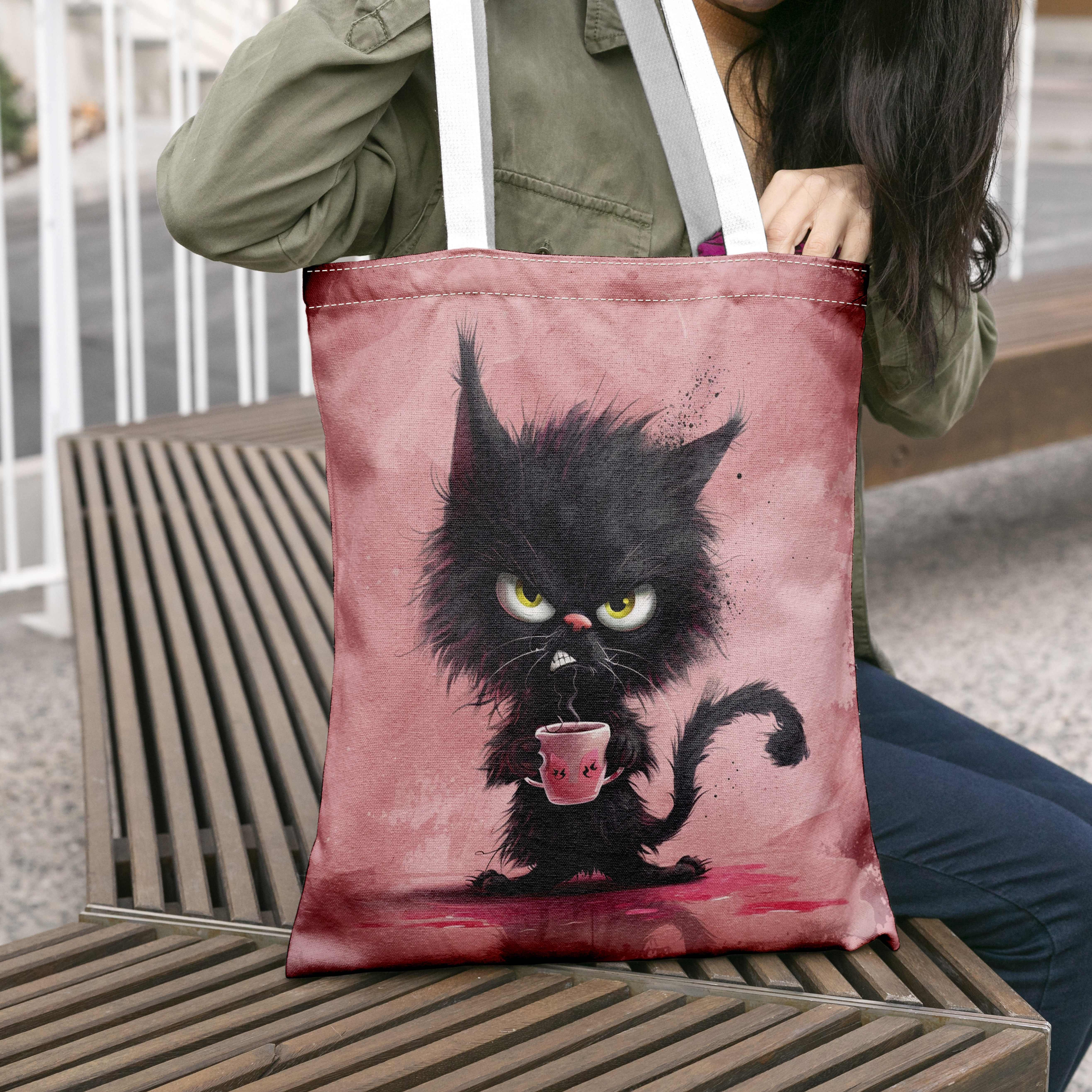 TEMU 1pc, An Interesting Animal-themed Polyester Handbag, Foldable And Washable, With A Cool Black Cat , A Commercial-grade Handbag For Outdoor Use
