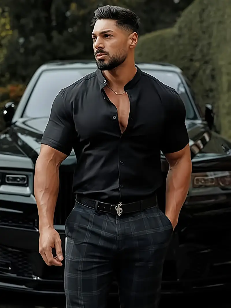 black muscle fit dress shirt Mens Slim Fit Dress Shirt Black Button Down Ellissa DS3003
