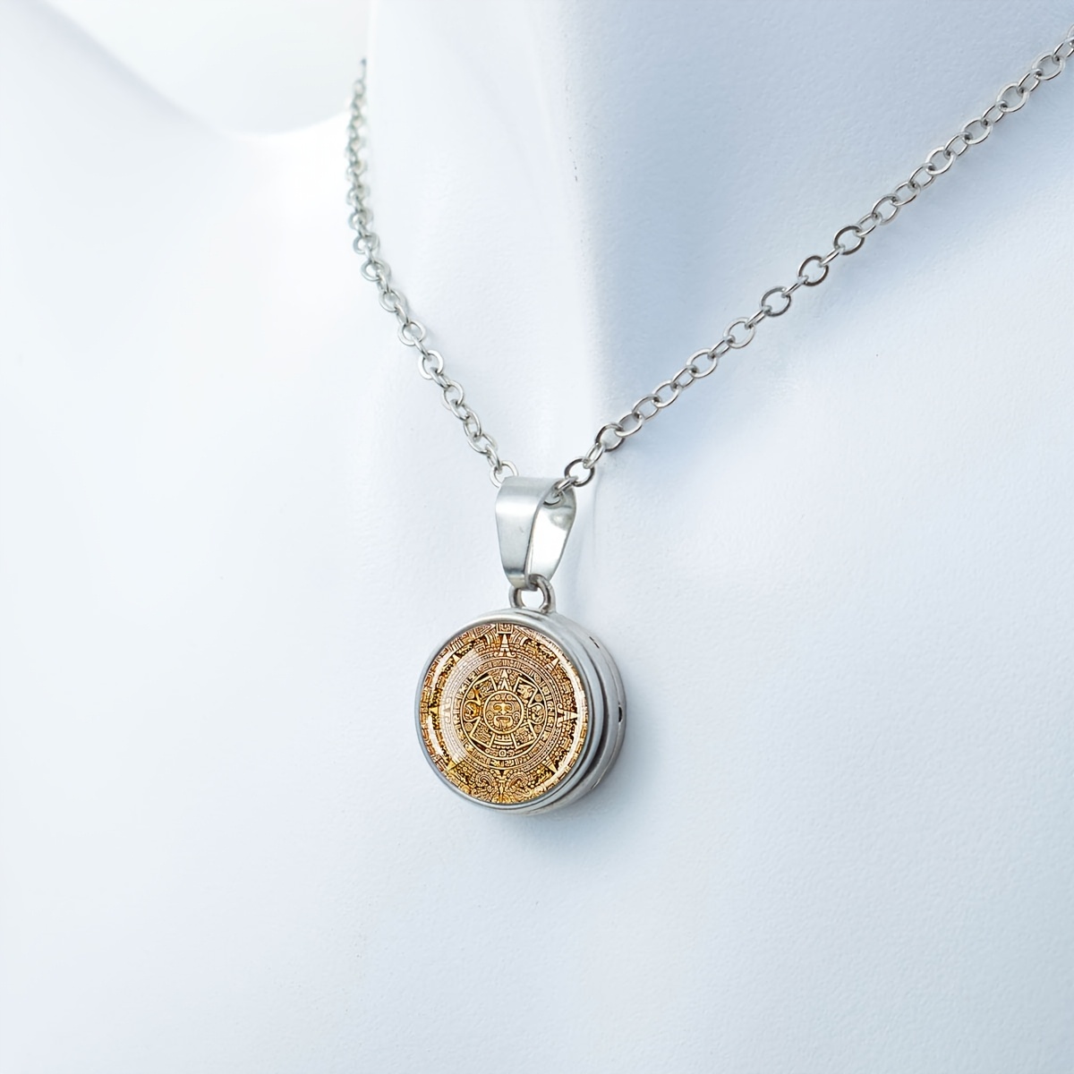 Mayan Calendar Pattern Dome Glass Button Style Necklace