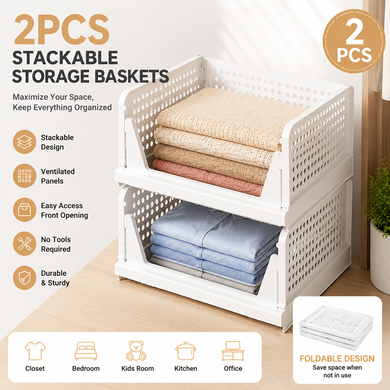 TEMU 2 Stackable Wardrobe Storage Baskets, Multi-functional Folding Storage Boxes, Space-saving Multi-functional Wardrobe Organizers, Hat Storage