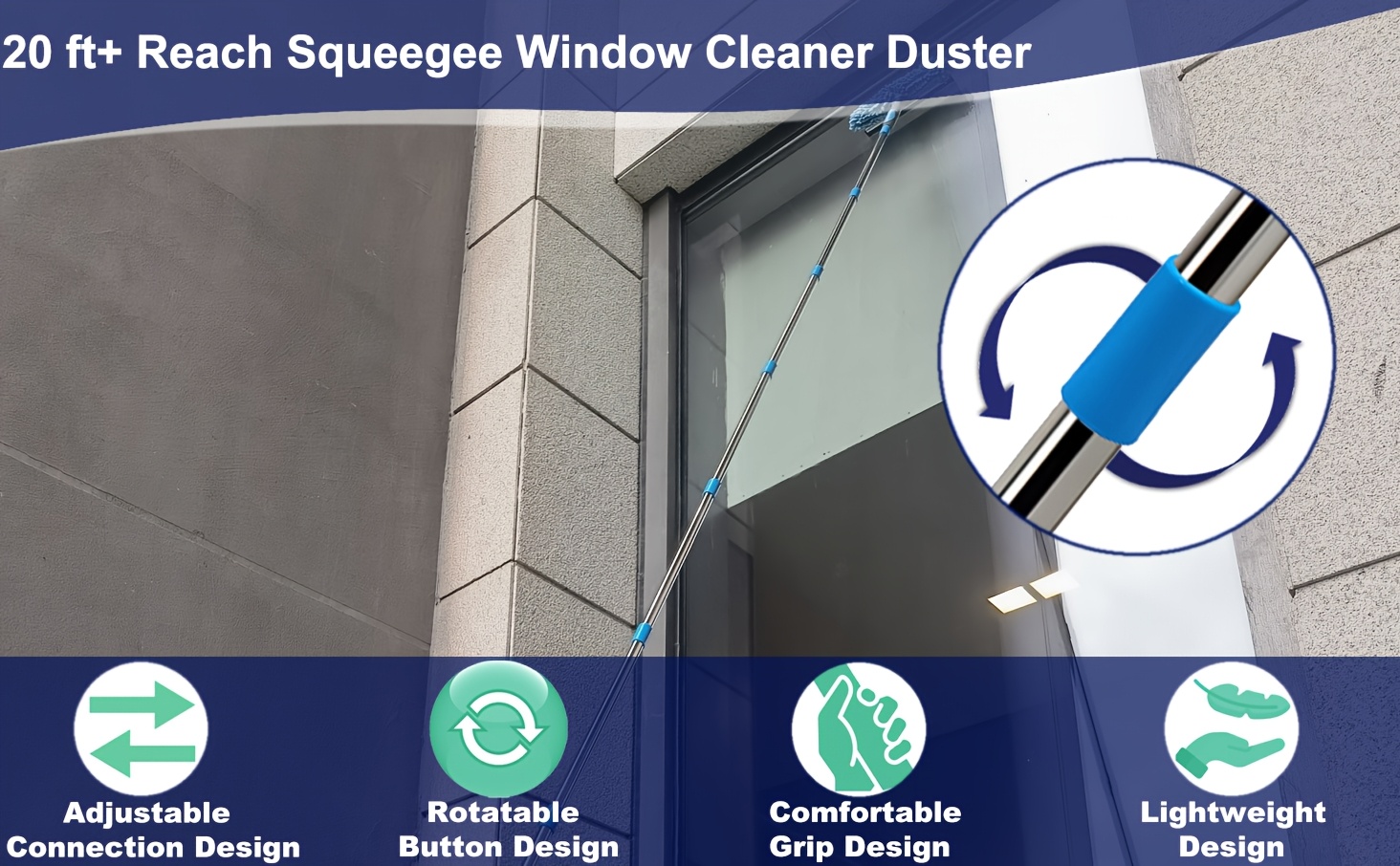 1 set of retractable window cleaning brush and cleaning brush kit with telescopic rod reusable microfiber pad stainless steel handle   outdoor and glass cleaning tool no power required machine washable 1 rotatable head and 2 interchangeable brushes blue details 1