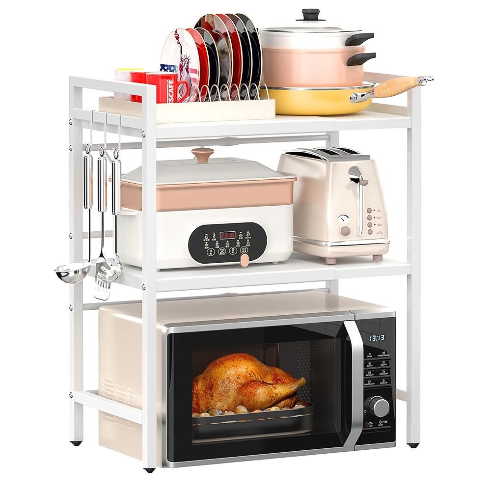 2-tier/3-tier Heavy Duty Extendable Microwave Oven Rack, Width Extendable 40-64cm, Height Adjustable With 6 Hooks And Cutting Board Rack, Modern Kitchen, Kitchen Standing Countertop Shelf