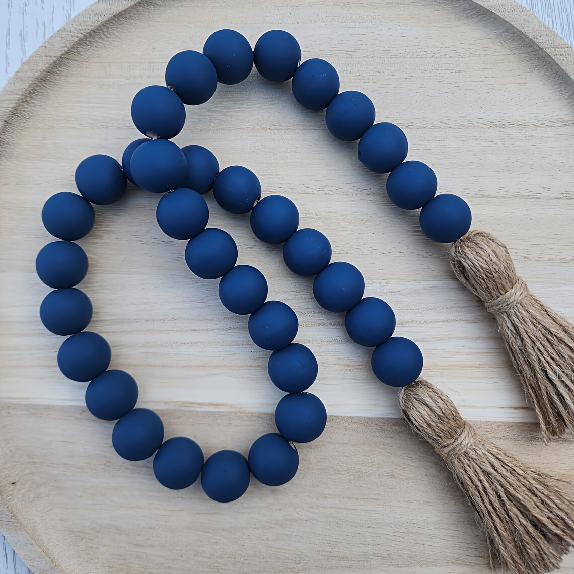 

1pc, Navy Blue Floral Wreath - Farmhouse Wooden Beads - Decorative Tray Decoration - Blue Home Decor Gift