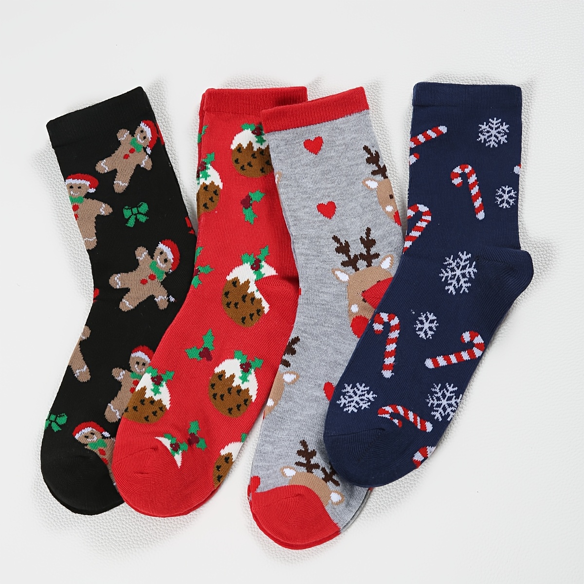 TEMU Lot de 4 paires de chaussettes pour femme automne/hiver à dessin , cloche, de neige, pain d'épices pour homme de Noël à color-block, adaptées