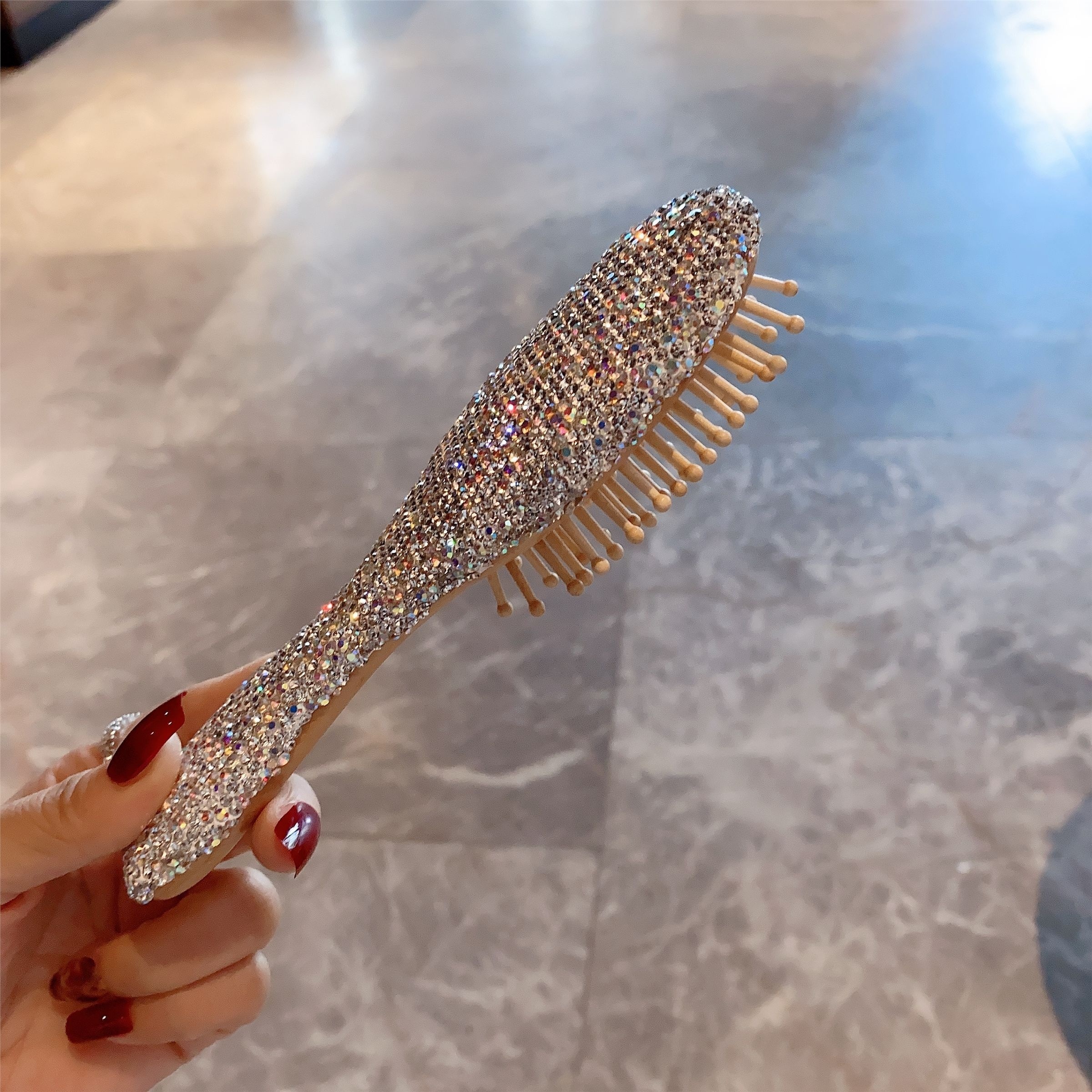 

Creative Embellished Wooden Hair Brush, Elegant Crystal-studded Finishing Comb, With Nylon , For Normal Hair, Portable Beauty Accessory For Women