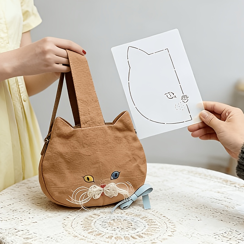 TEMU Grand Visage Chat Petite Main Sac Fourre-Tout Modèle de Patchwork à Coudre, Outil de Transfert de Modèle Souple