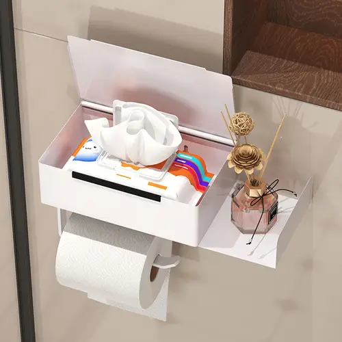 1pc self wall mounted toilet paper holder with shelf bathroom tissue roll storage rack wet wipes organizer bathroom accessories