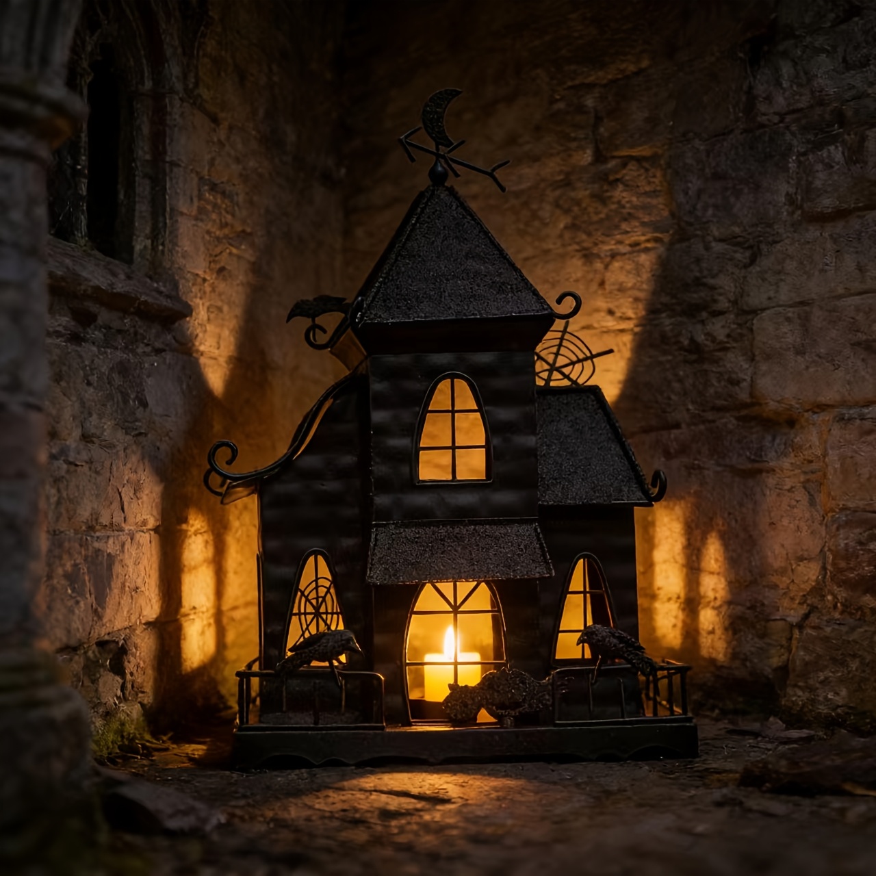 A Rectangular Halloween Atmosphere Candlestick With A Moon Vane, Decorated With Intricate Hollow Patterns For Home And Holiday Party Decor (the Product Itself Does Not Come With Candles Or Glass)
