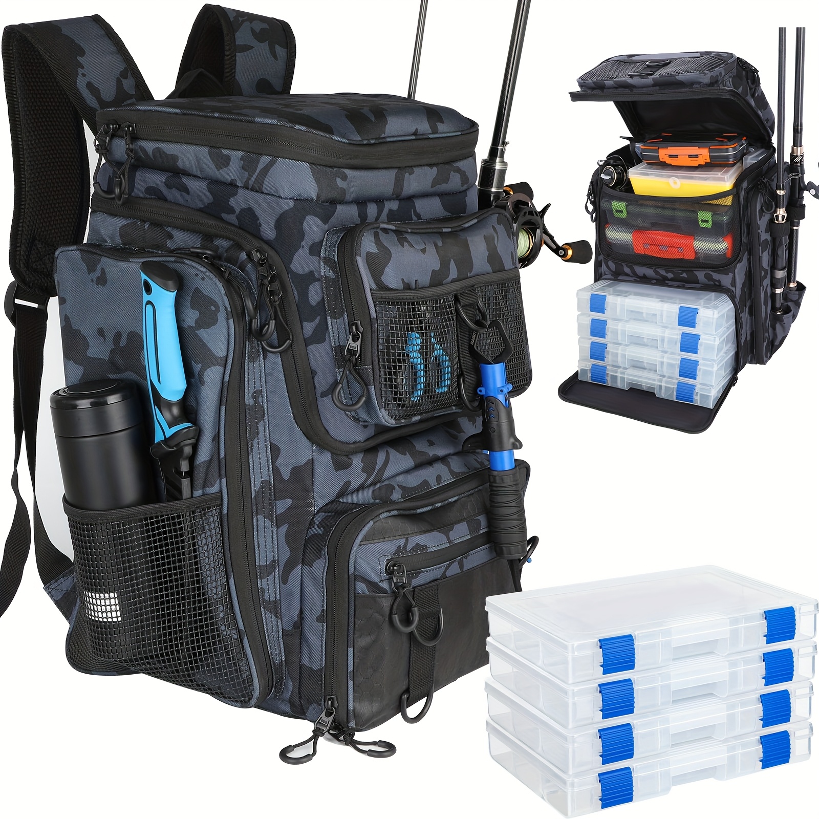 TEMU Fishing Backpack With 4 Tackle Boxes, Fishing Bag With Rod Holders, Tackle Bag For Fishing Gear, Backpack Tackle Boxes For Fishing, Gift For ,