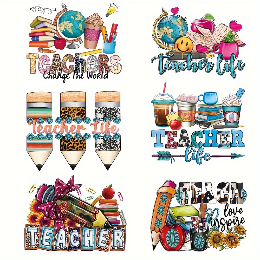 

6-pack Teacher Themed Iron-on Transfers, Vinyl Heat Transfer Patches For T-shirts, Assorted Colorful , Washable Personalized Decals For Teacher's Day Clothing Decoration