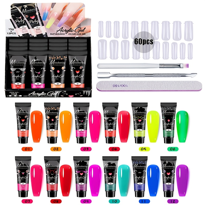 Poly Extension Gel Nail Kit 12-color Nail Builder Gel Set For Beginners Using Starter Kit Nail Art Gift With 60pcs Tips And Tools Cuticle Manicure