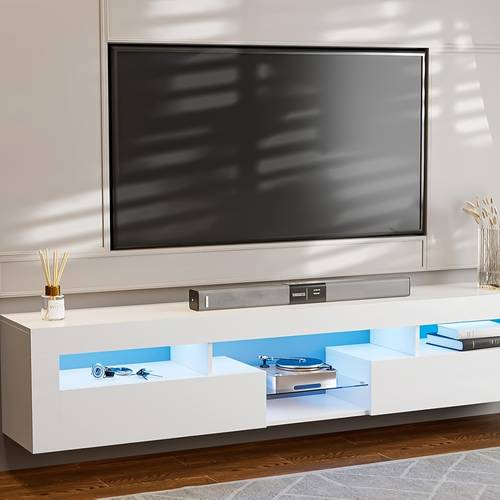 white 1 6 tv stand with led light modern 5mm tempered glass sturdy and durable living rooms and entertainment areas