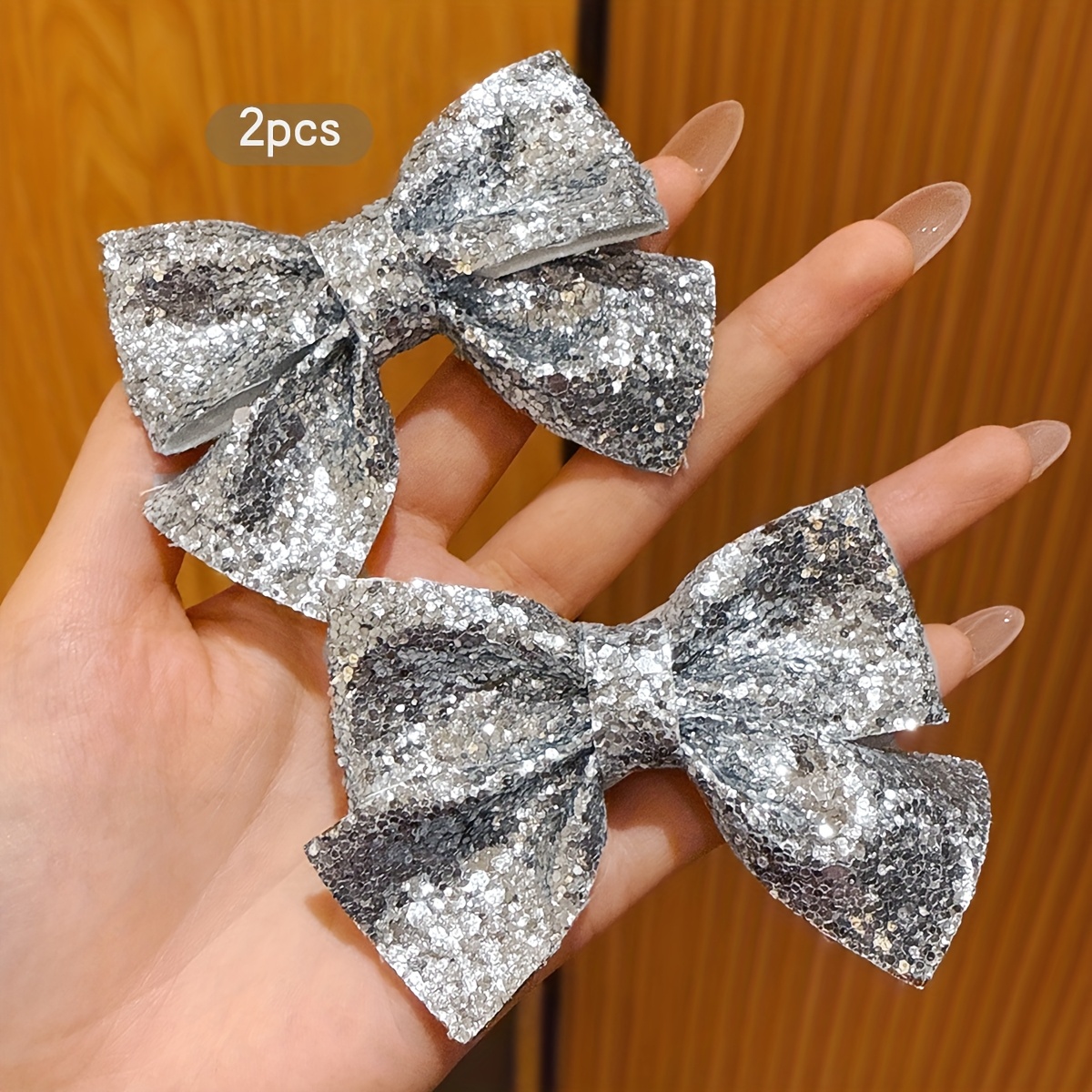 2 Silvery Glittery Bow Hair Clips, Easy And Versatile Hair Additions Suitable For Daily Use
