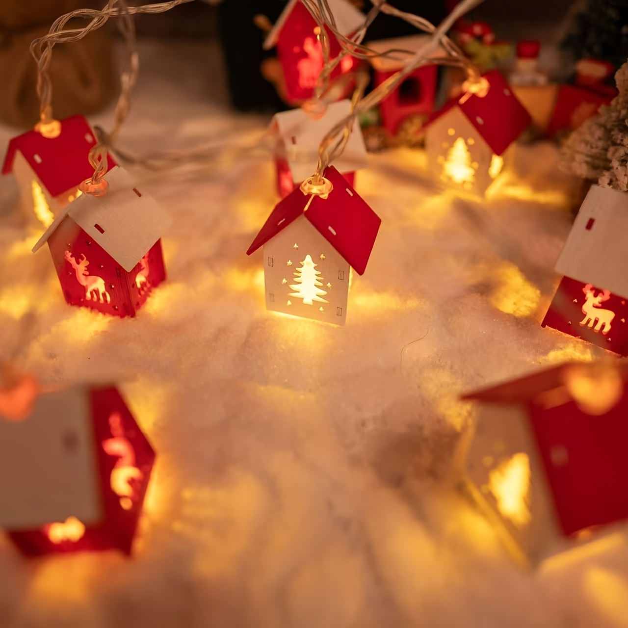 TEMU Christmas Wooden House String Lights, 2m 10 Led Warm Lights, Battery Operated Xmas Hanging Decor Lights With Reindeer Tree Pattern For Indoor