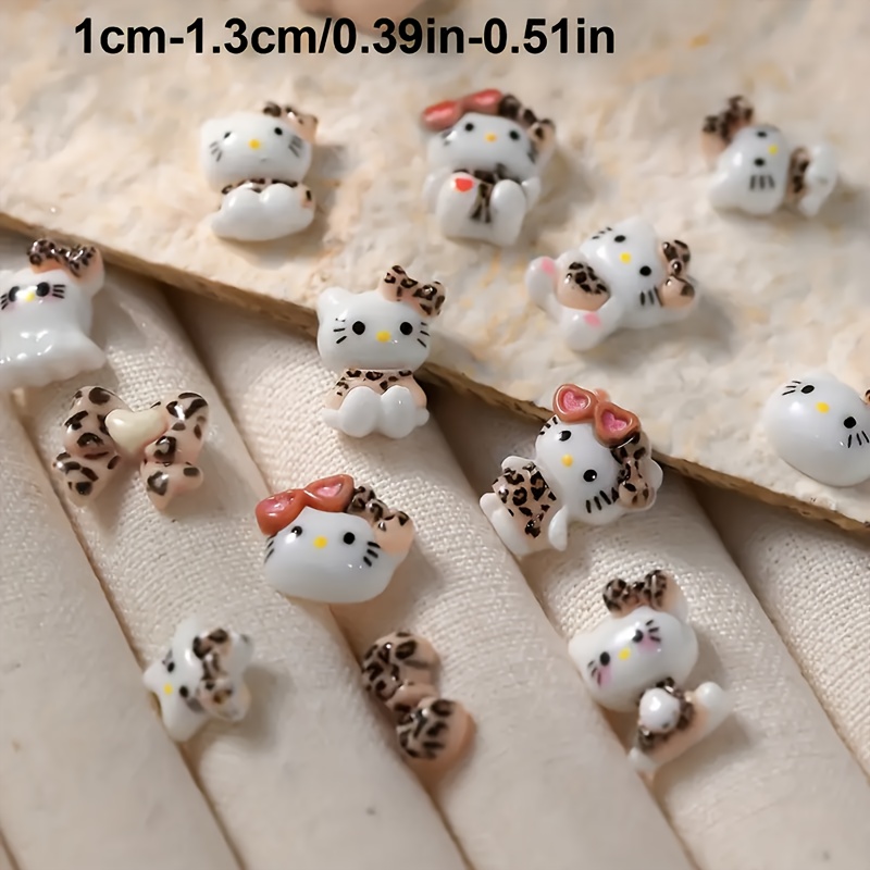 TEMU 20pcs Hello Kitty & Leopard Print Nail Charms Set - Cute Cartoon Cat Bow Ties, - Perfect For & Gifts