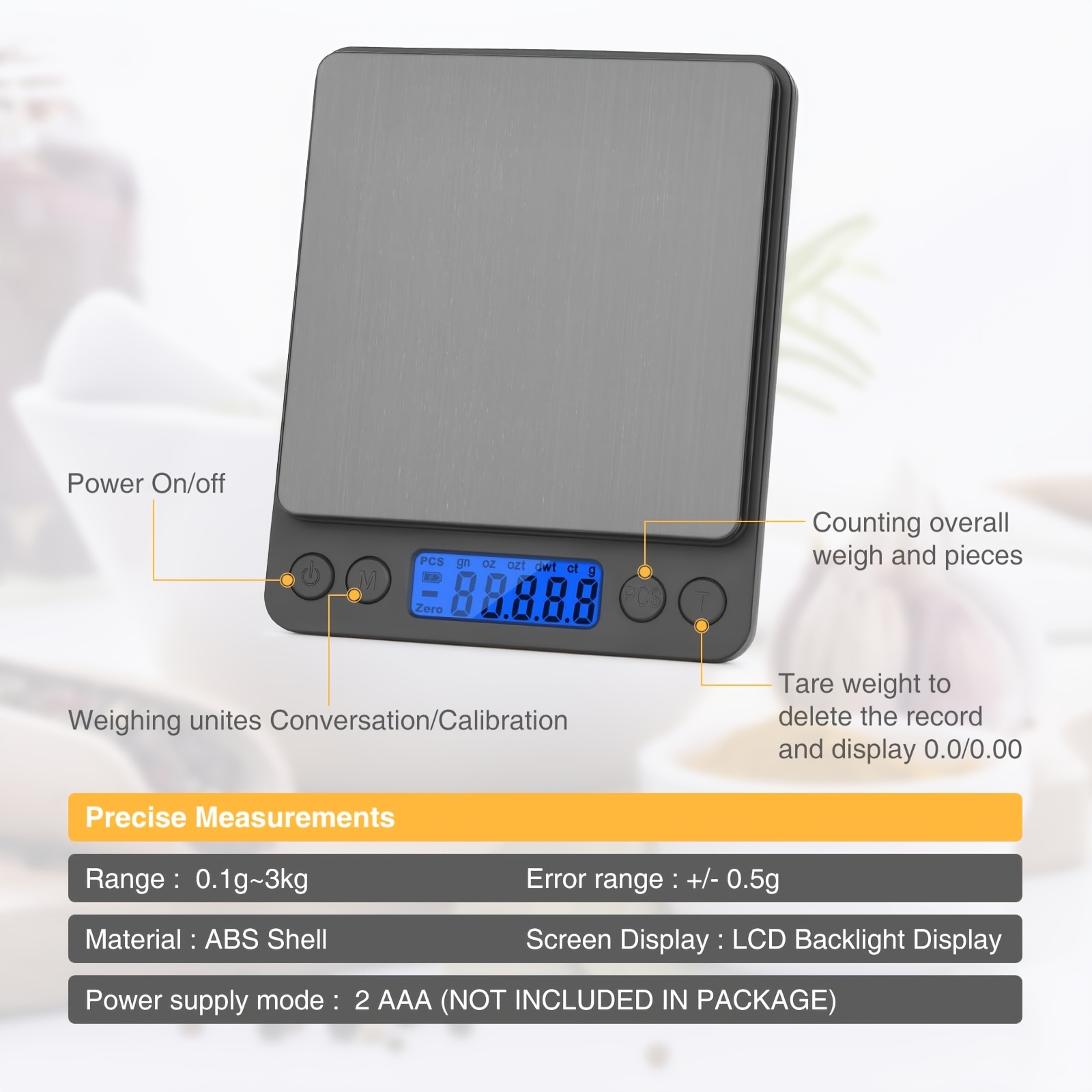 1pc Gram sized small digital food scale, 3000 grams by 0.01 grams/0.001 ounces, precise weighing, multifunctional jewelry/baking/soap kitchen scale, 6 units, tar function, LCD display