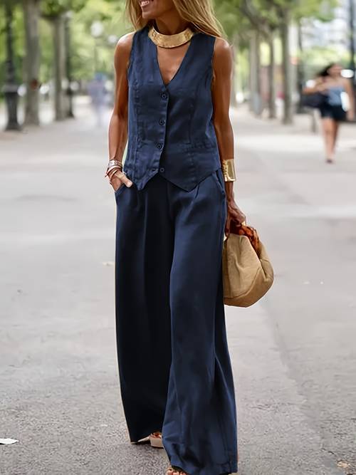 completo estivo donna con canottiera senza maniche pantaloni lunghi 2 pezzi