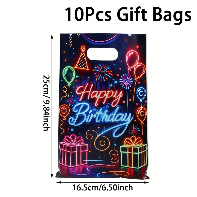10/25/50pcs, Birthday Glow Neon Gift Bag Handbags, Happy Birthday Glow Neon Gift Bags With Handles Plastic Tote Bags Gift Bags With Handles - Birthday Party Favors Gift Packaging Decoration