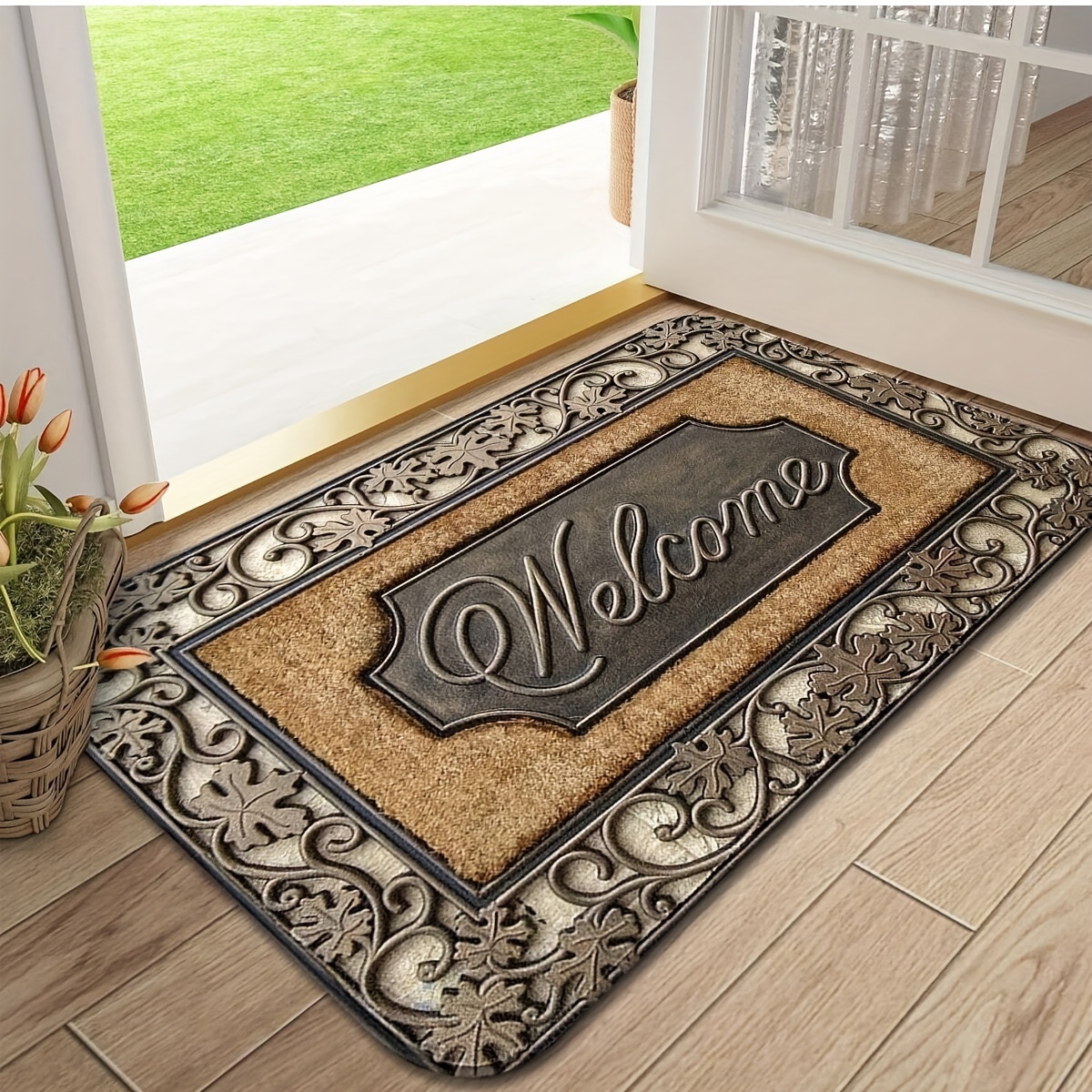 TEMU Welcome Home Non-slip Door Mat - Absorbent & Stain-resistant, Wood Grain Design For Kitchen & Bathroom,