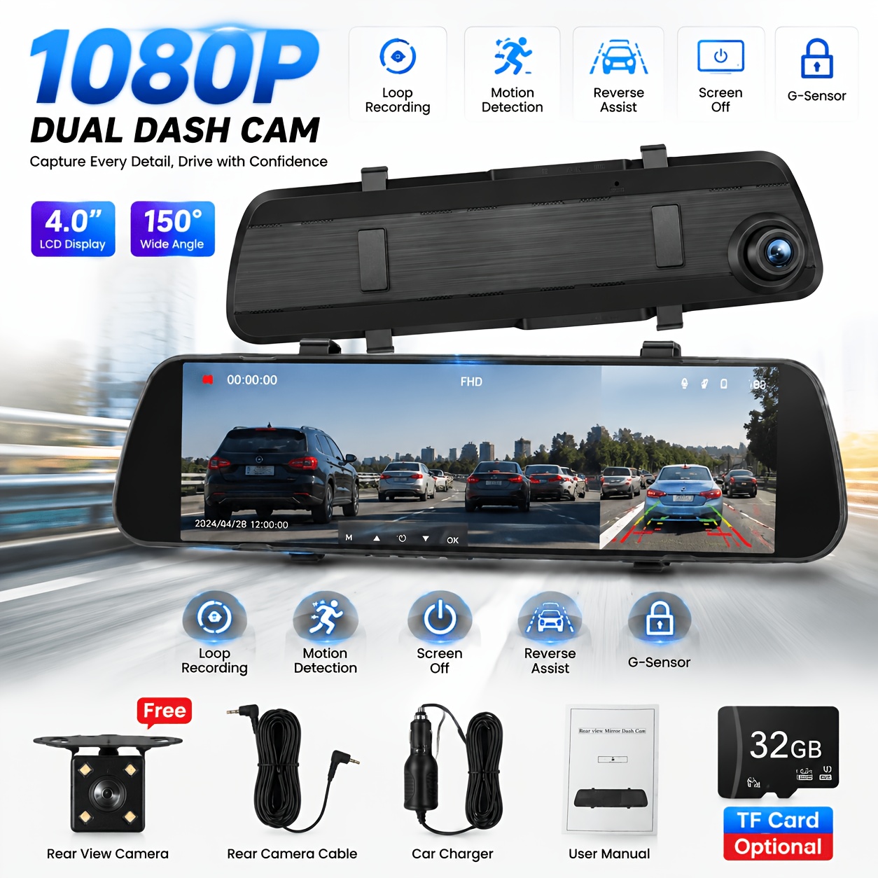 1080p Hd +front 1080p Rear 480p Dashcam With Display Portable With Loop Recording, Motion Detection, Automatic , 150 Degrees + 120 Degrees High Resolution Super Lens With 32gb Card(optional)