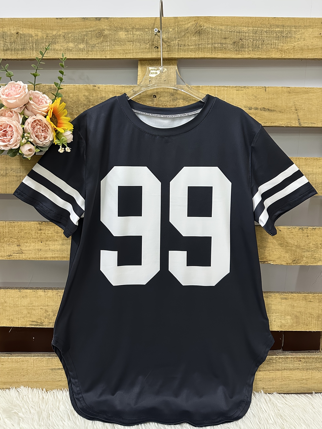 Women's Casual Longline T-Shirt with Bold '99' Graphic Print - Vibrant Blue Relaxed Fit, Mid-Stretch Machine-Washable Fabric for All-Season Comfort, Cute T Shirts, Everyday Clothing, Sporty Aesthetic, Stretchy Material