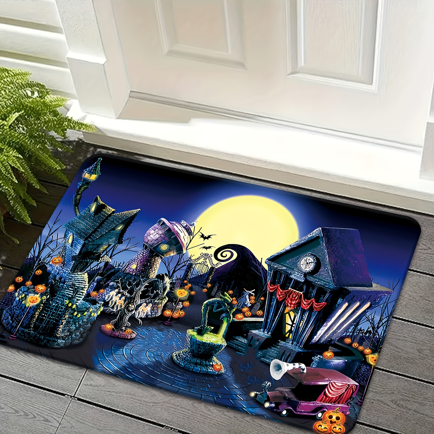 TEMU 1pc Hd Printed Halloween Nightmare Theme Pumpkin Moon Kitchen Mat, Flannel Material, Non-slip Design, Durable,, And Machine Washable. Suitable