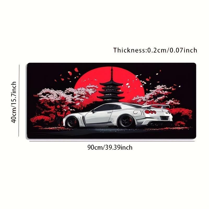 TEMU 1pc Large-sized Mouse Pad, Red Moon Cherry Sports Car And Wind Pattern, Rubber-bottom Large-size Desk Mat Office Desk Accessory, Computer