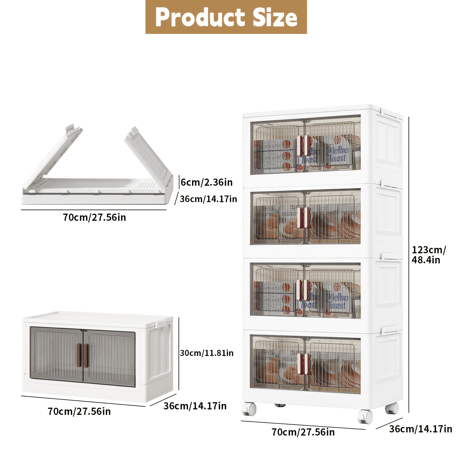 Image of 70cm Extra Large Foldable Storage Organizer 4/5 Tier Stackable Cabinet With Wheels Clear Front Doors Lockable Plastic Storage Unit For Office Room Bathroom Garage
