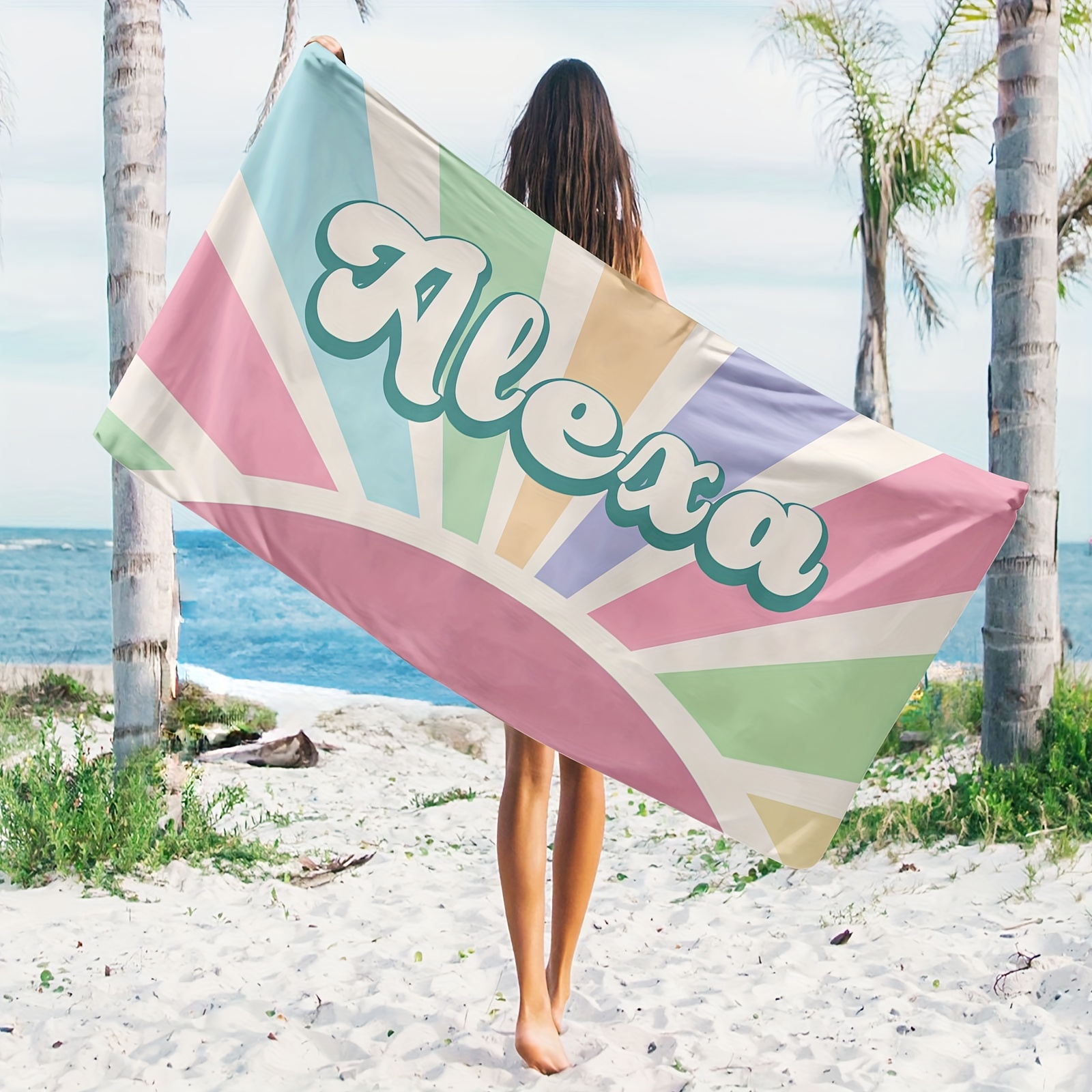 TEMU 1pc Sunshine Print Customized Names Towels, Personalized Name Beach Towels, High-quality Summer Beach Blankets, Wedding Gifts For , Digital