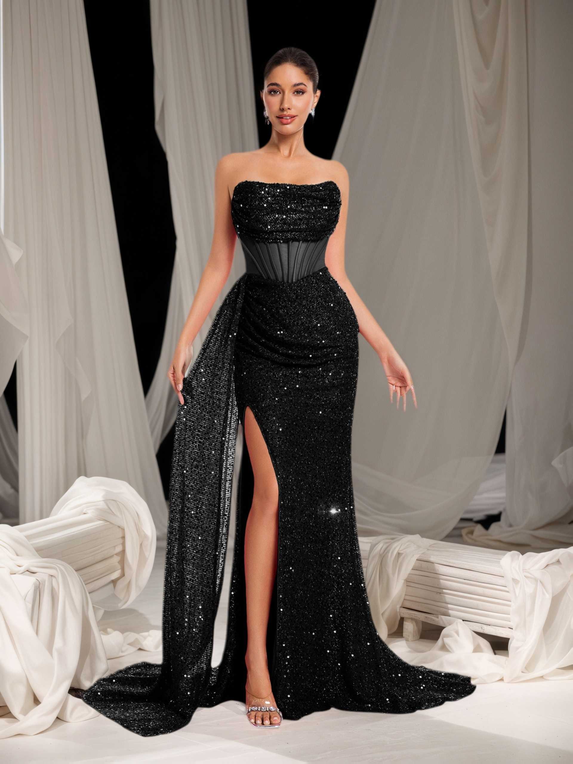 sparkling sequin shoulder ruched dress elegant slit side - Temu Mauritius