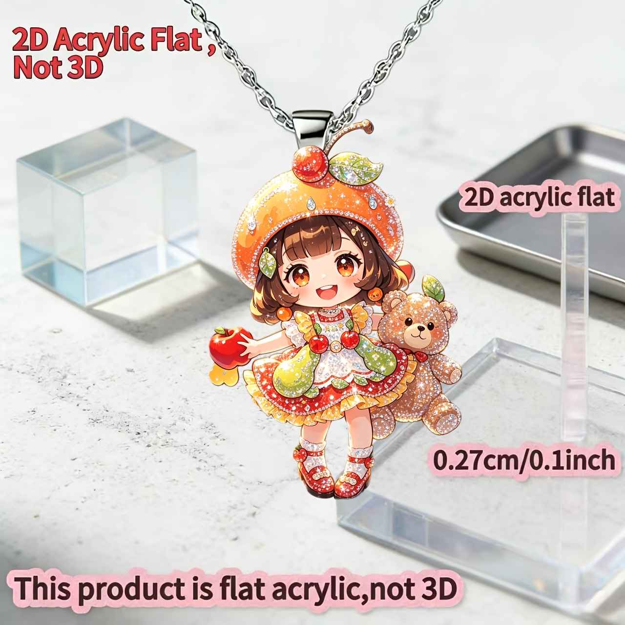 Women's 2D Acrylic Orange Hat Cherry Y-Shaped Necklace, Gift