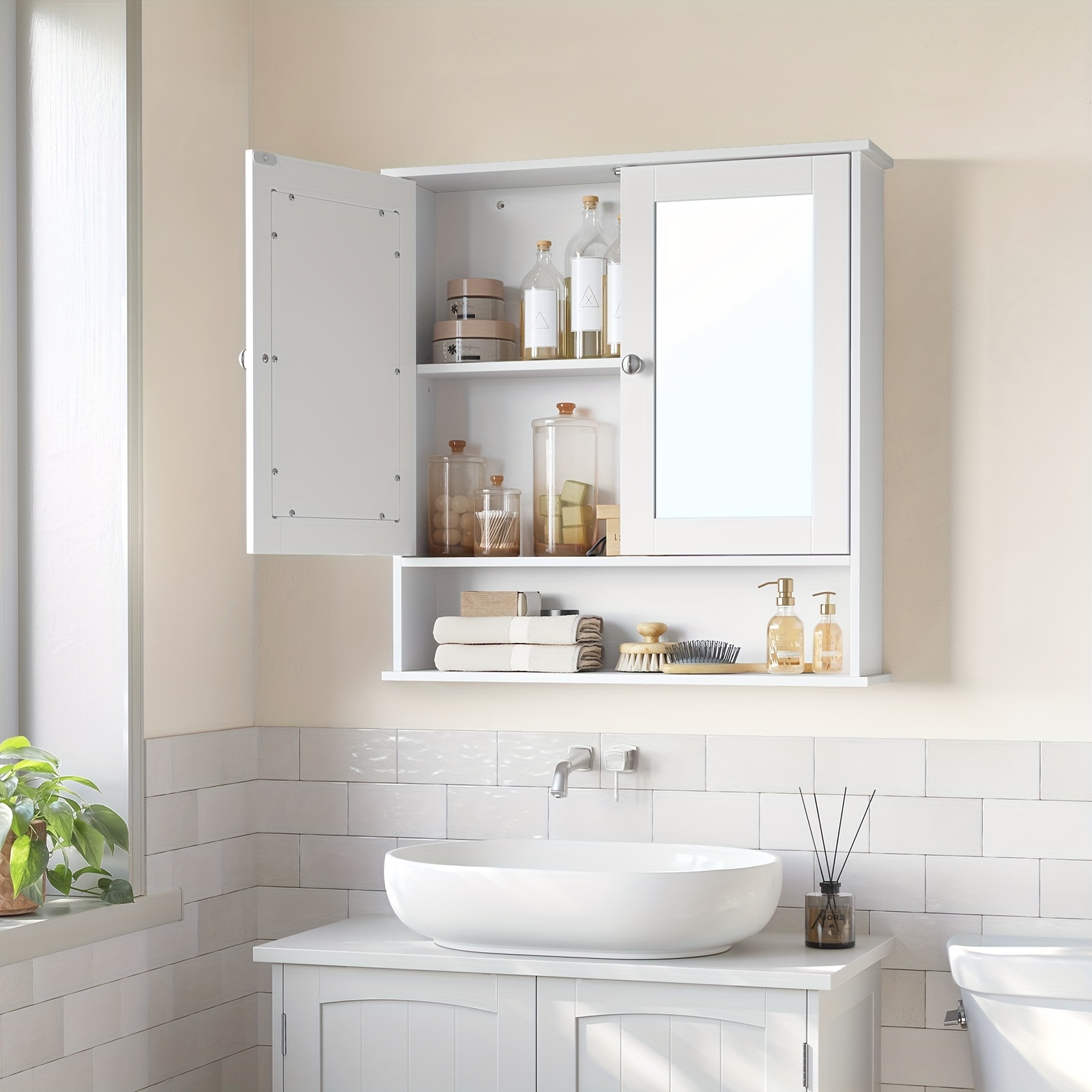 TEMU Meuble de salle de bain avec , étagère réglable, meuble mural avec 2 portes , compartiment ouvert, mural, 5.9 x 25.6 x pouces, étagères