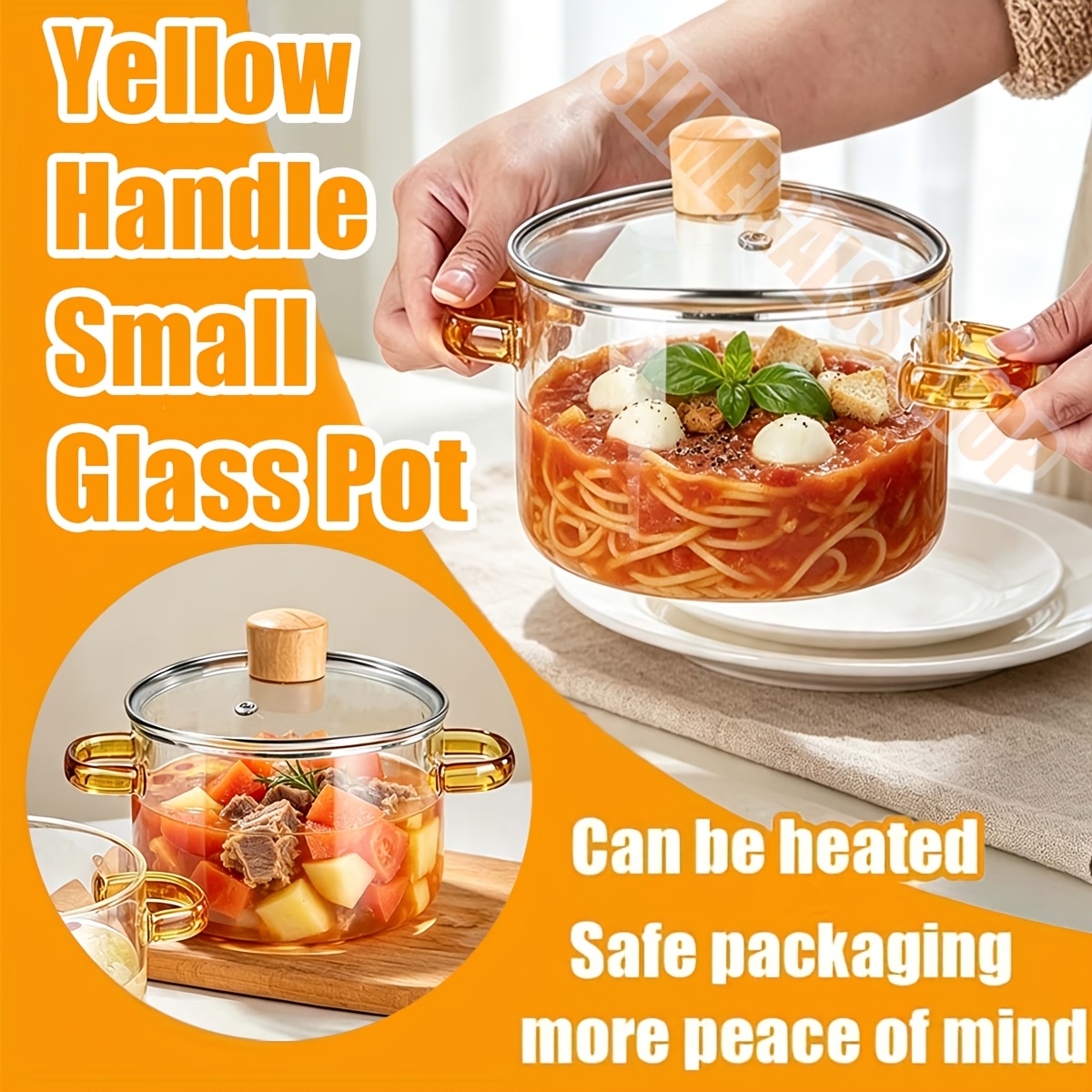 Olla de Vidrio con Tapa 1.6L Doble Asa, Olla Transparente para Microondas, Olla de Vidrio Resistente al Calor para Cocinar Sopa, Leche, Avena con Asa Amarilla, Olla Transparente con Tapa, Olla de Vidrio para Cocinar