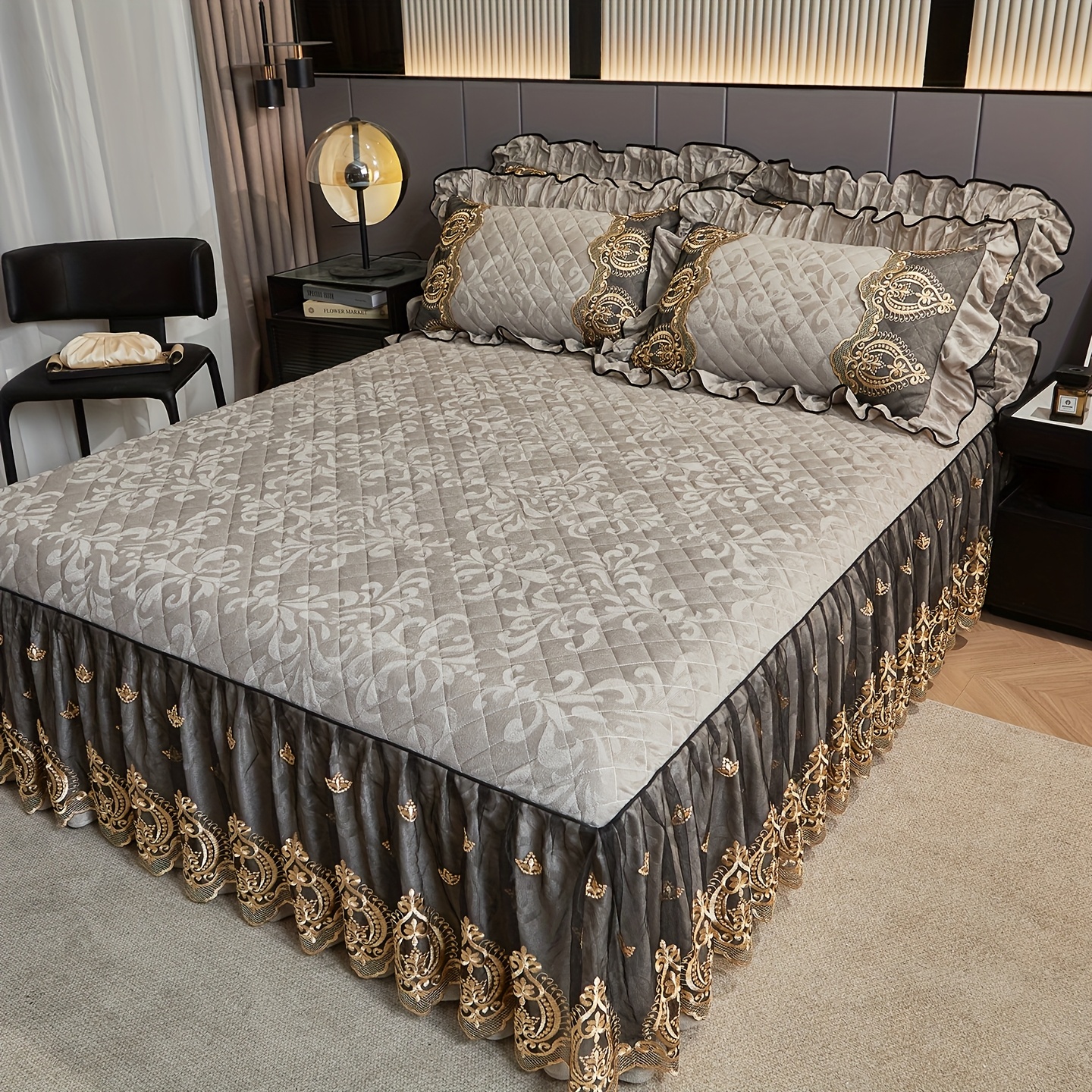 TEMU 1pc Trim Thickened Warm Bed Skirt (pillowcase Not Included), Soft And Comfortable, Lace Embellishment, Pleated Hem, Tie-style Mattress Cover For