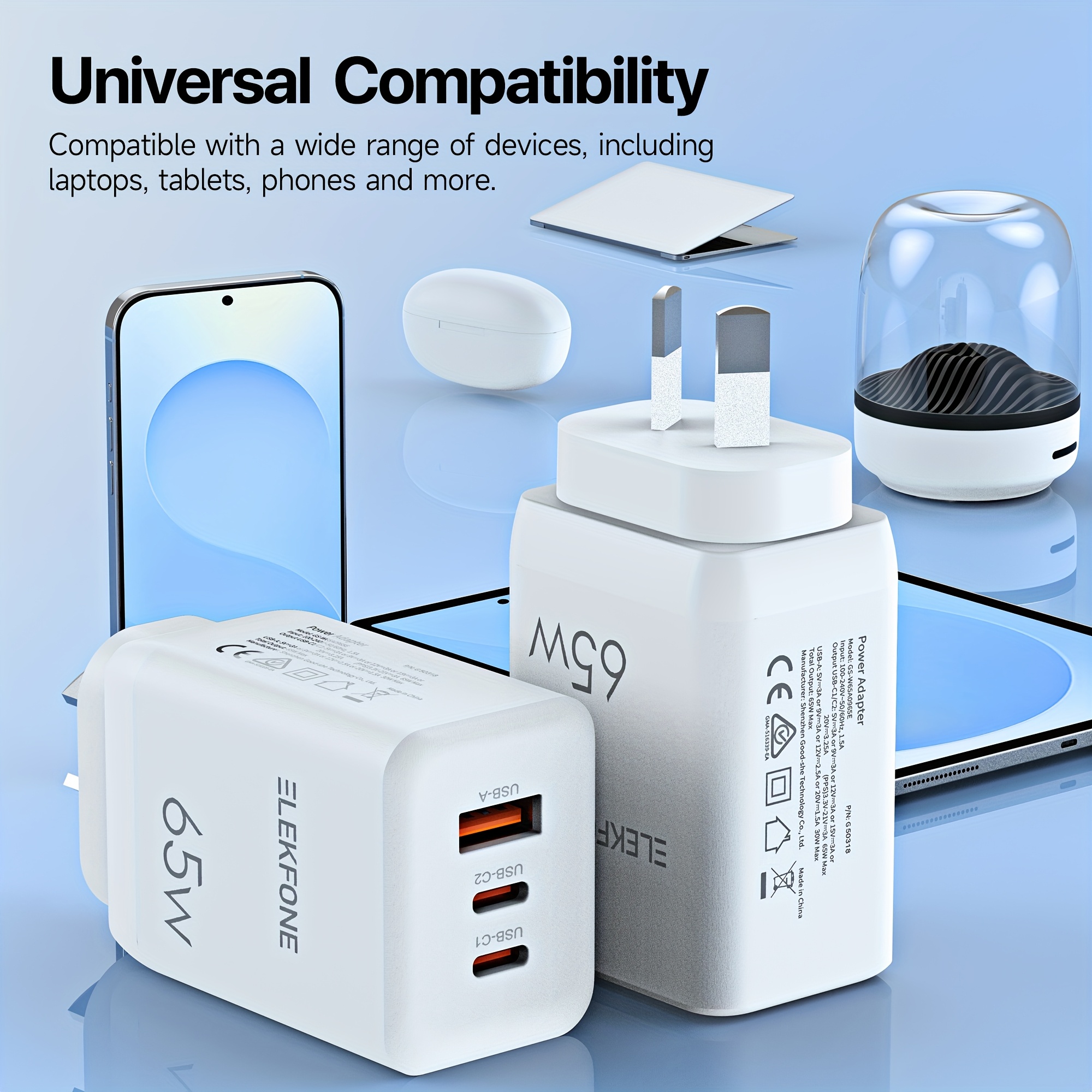 TEMU 65w Wall Charger For Laptops, Phones, Tablets And More, Au And Nz, Dual Type-c + Usb, Fast Charging Pd + Qc 3.0, Multi-device Compatibility,
