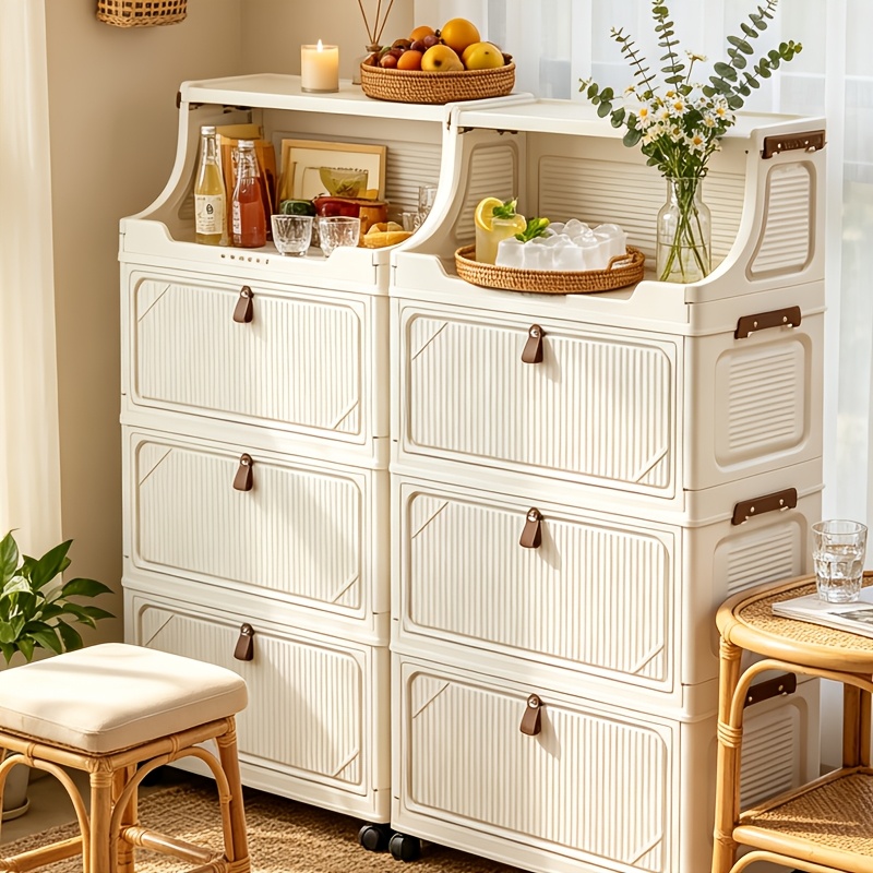 6/5/4/3-Tier Small Apartment Suitable for bar Cabinet, for bar Furniture Set Combination, Cream Foldable Rolling Storage Cabinet, Floor-Standing Stackable Organizer, Top Open Multi-Drawer Unit, Suitable for Bar, Coffee Corner, Kitchen, Living Room