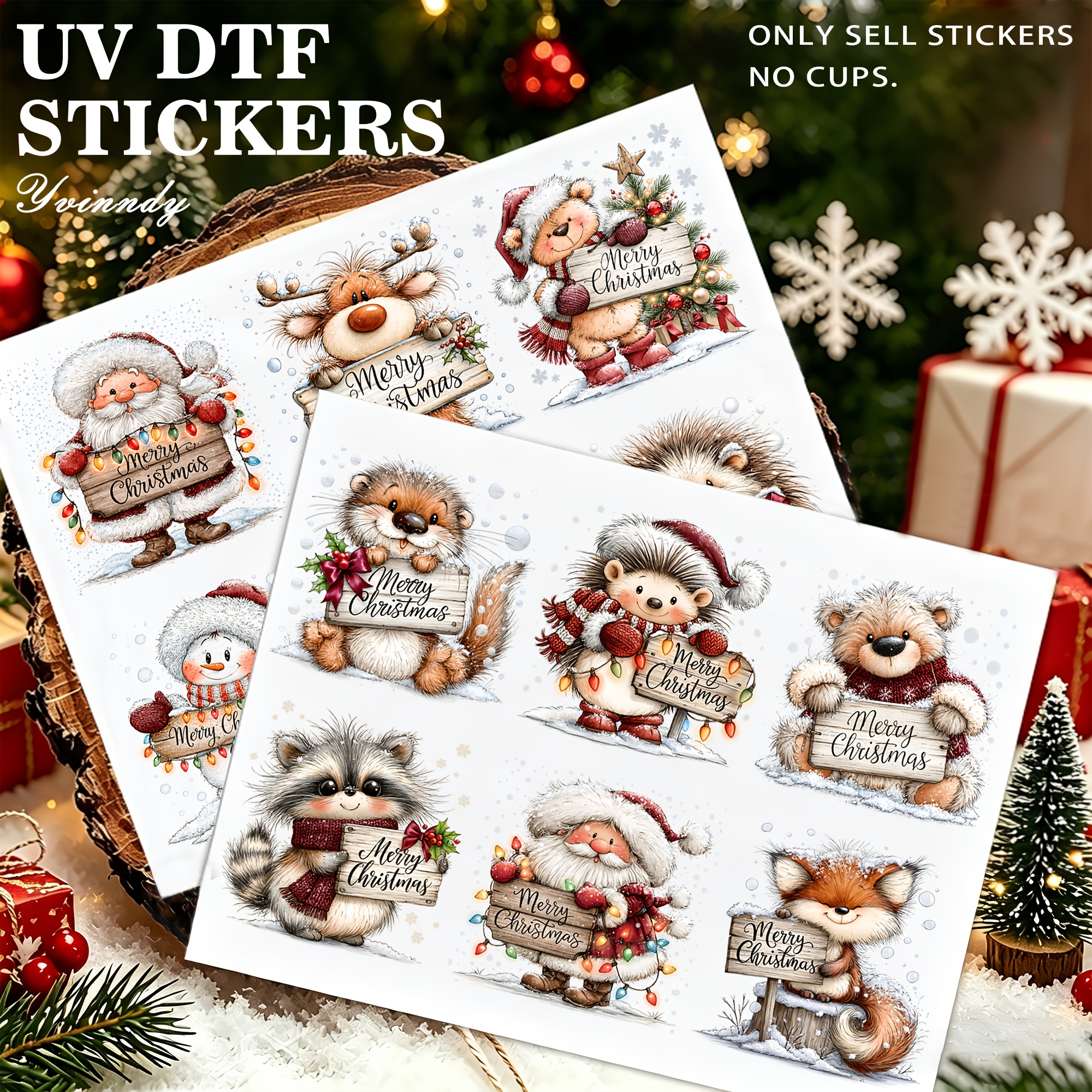Image of 12pcs/set Forest Animal Merry Christmas Uv Dtf Transfer - Waterproof Uv Dtf Transfer Paper For Arts And Crafts, Scrapbooks And Seals - Easy To Paste, Durable And Versatile For Cups, Bottles, Laptops