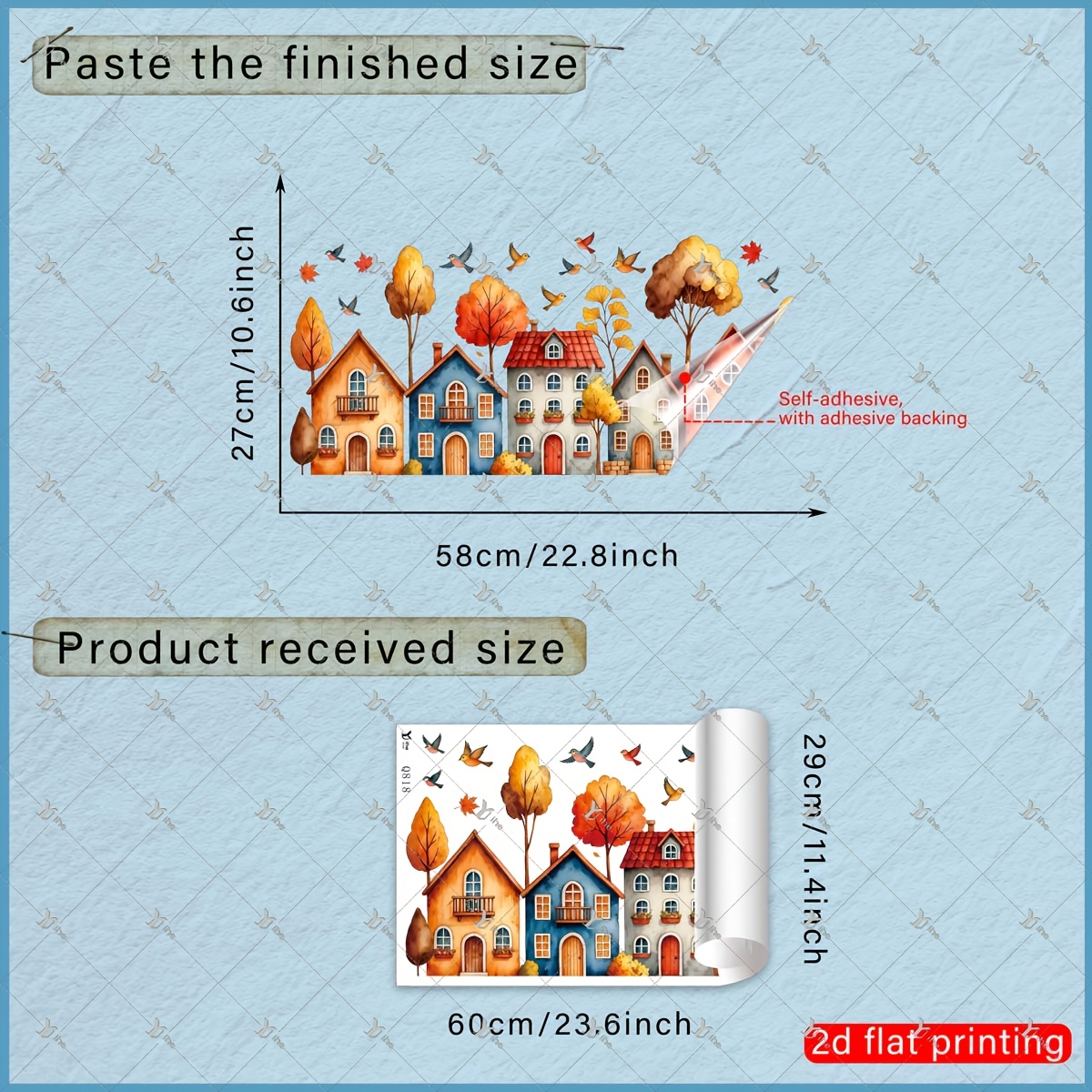TEMU 2d Flat - 2d Static Window Cling With Autumn Townhouses, Maple Trees, And Birds, Adheres To Glass Via Static Electricity Without Glue, Reusable