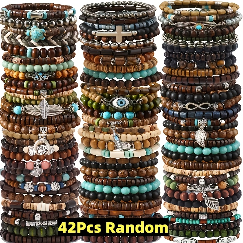 Mix Of 4 Wrap Bracelets For Men & Women – Brown Wood Beads With Leather & Cotton Bands