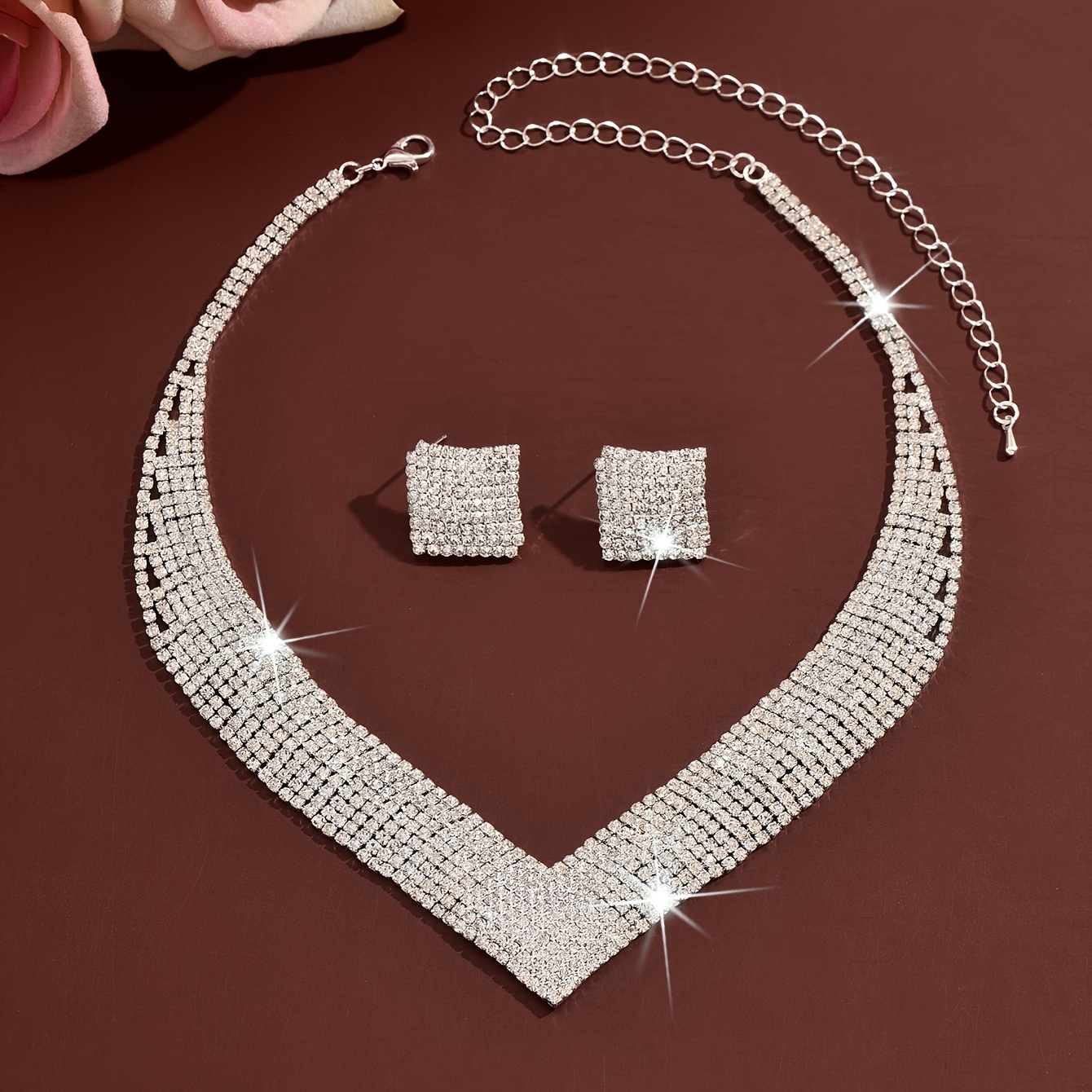 Women's French Elegant Rhinestone Necklace & Earrings Set