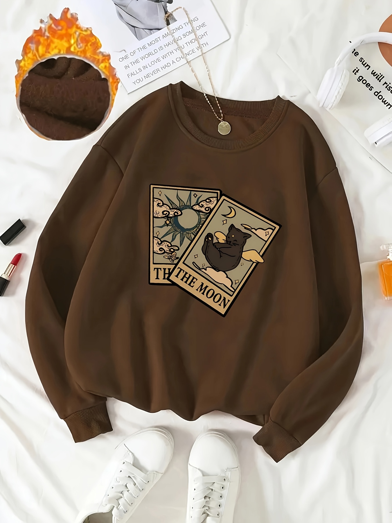 pull femme décontracté à imprimé   - design   et   marron avec   the moon, col rond   pour automne/hiver, lavable en machine, vêtement confortable, haut tendance, manches longues, style streetwear,   durable, top imprimé, pour amateurs de mode Détails du produit 1