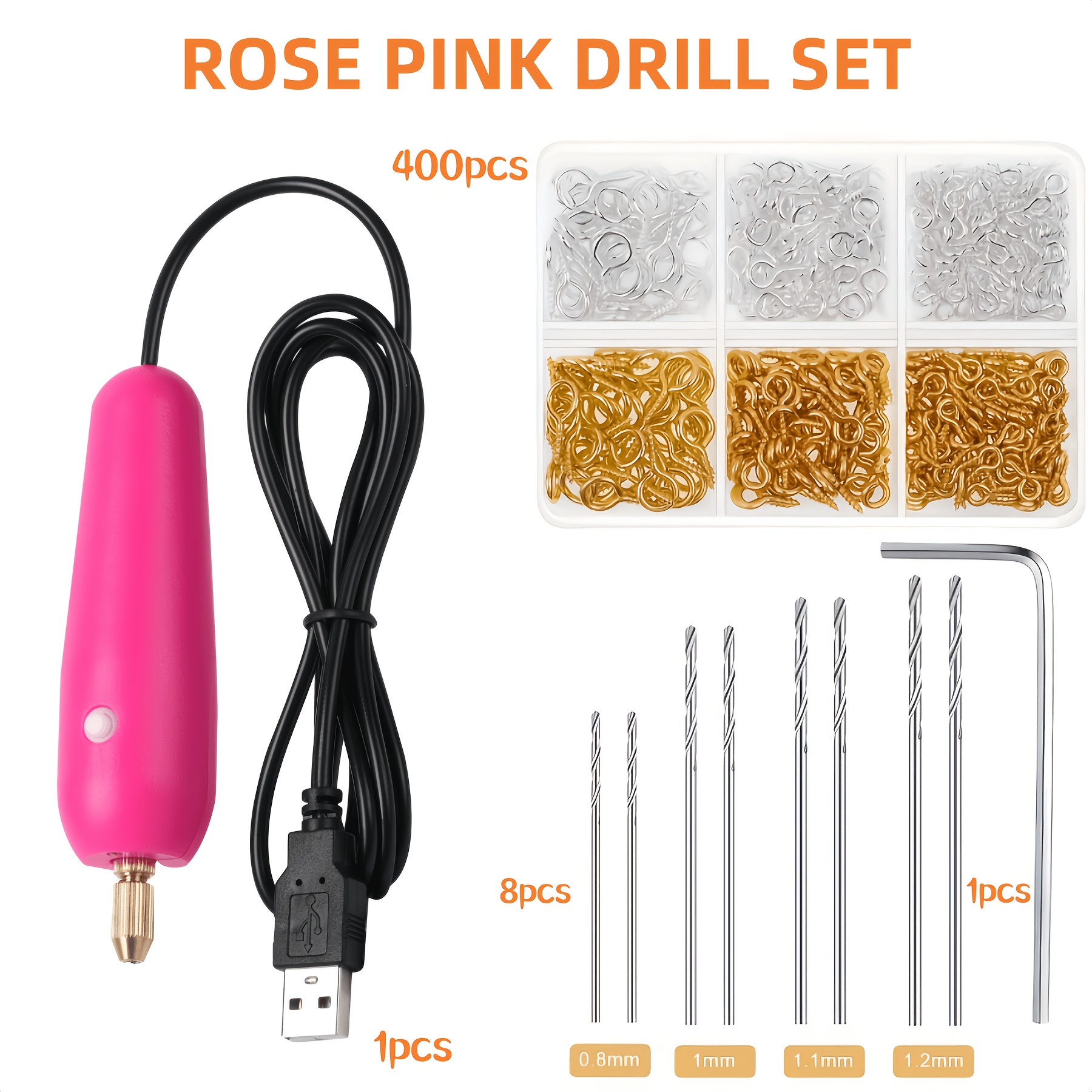 TEMU Kit de perçage électrique en résine 410pcs/Set, comprenant 400 vis à œil dorées et argentées, 8 outils de forets hélicoïdaux, mini perceuse