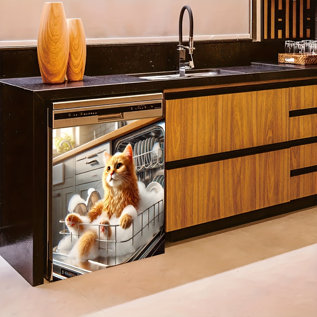E-shop 2D Flach, 1 Stück 2D Magnetische Spülmaschinen-Abdeckplatte, Orange Katze im Schaumbad-Design mit entspannter , leicht zu reinigen