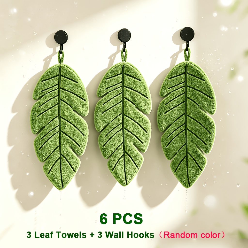 TEMU 6pcs Banana Leaf Hand Towel Set With Wall Hooks - 3 Towels & 3 Hooks Suitable For Kitchen, Bathroom, Super Fleece, Quick-dry Absorbent Hanging