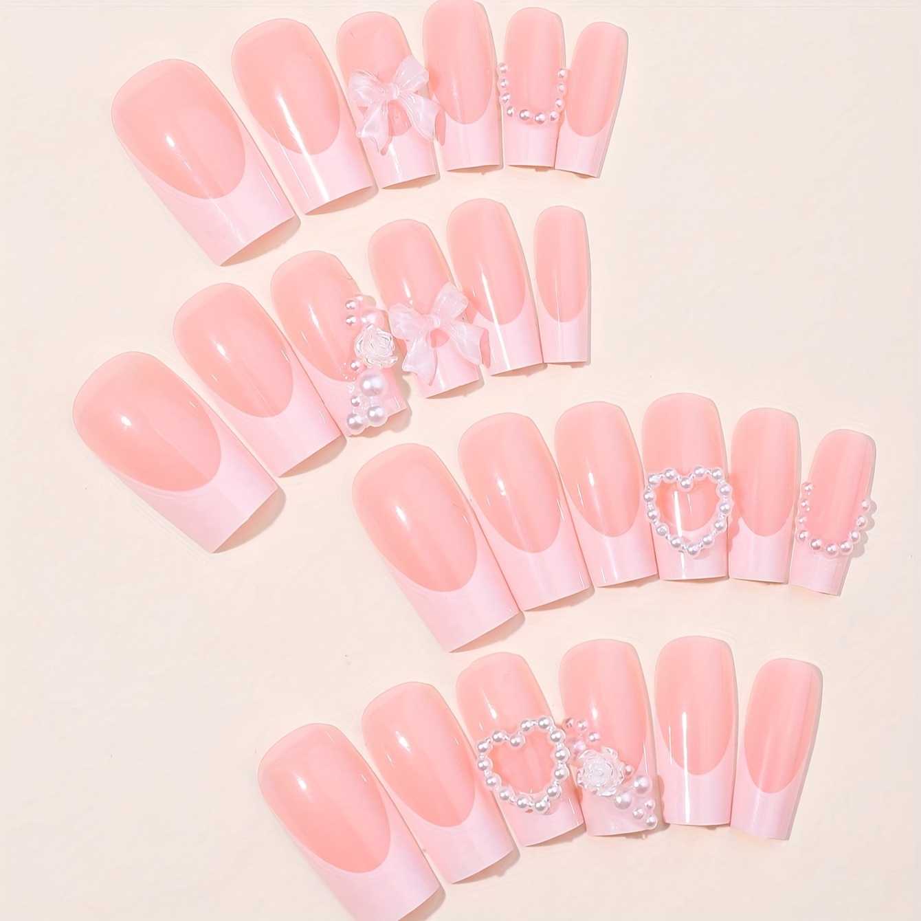 24pcs elegant french inspired long square press on nails with 3d   heart and bow accents glossy pink french tips with pearl embellishments perfect gift for women and girls 1