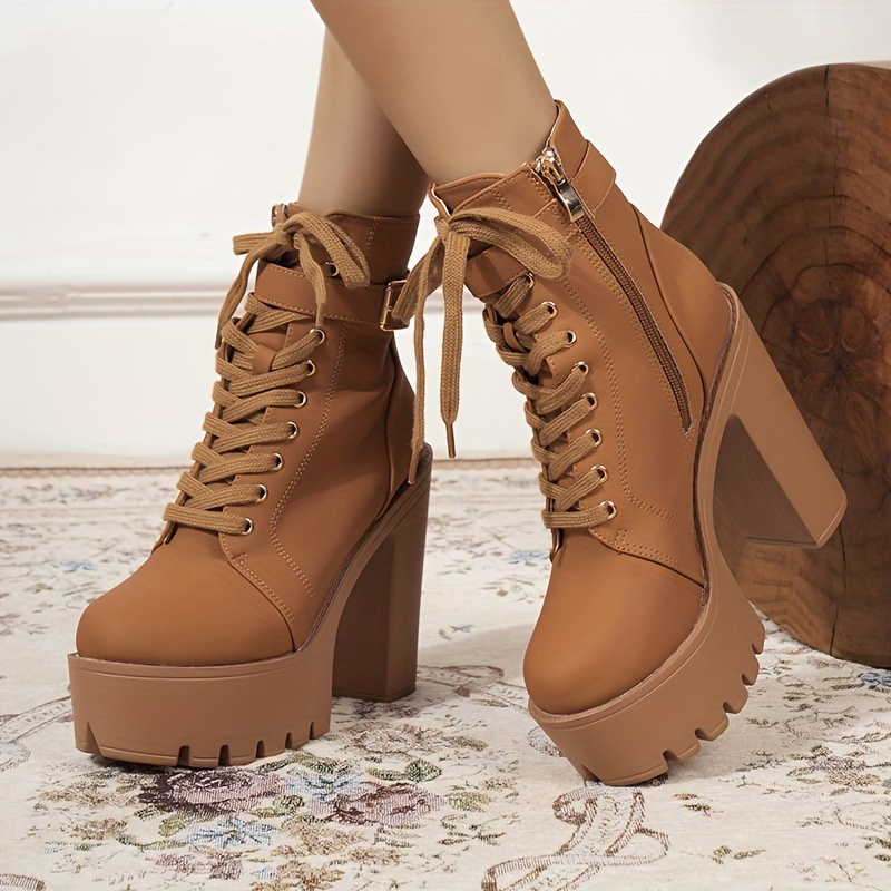 Women's Punk Style Platform Ankle Boots with Chunky Heel, Lace-Up Metal Buckle - Perfect for Parties & Casual Attire