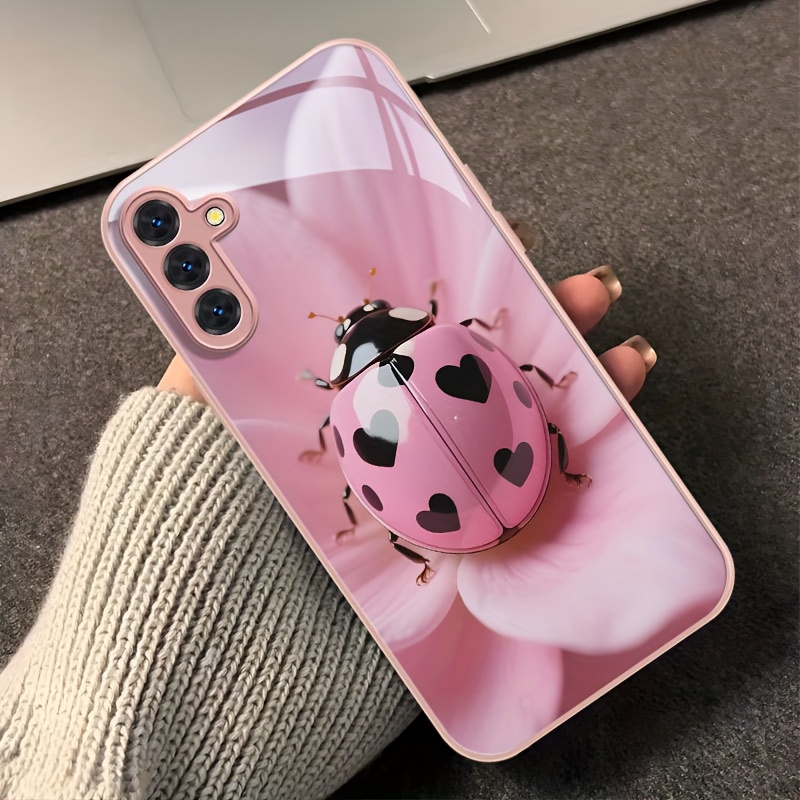 TEMU Phone Case: Pink Flower With Cute Ladybug, Beautiful And Gorgeous Tempered Glass Phone Case With Pink Border, Suitable For Galaxy A04 A04s A06