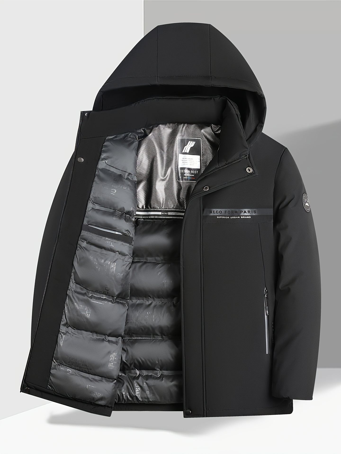 Men's Mid-Length Padded Jacket with Printed Chest Tape