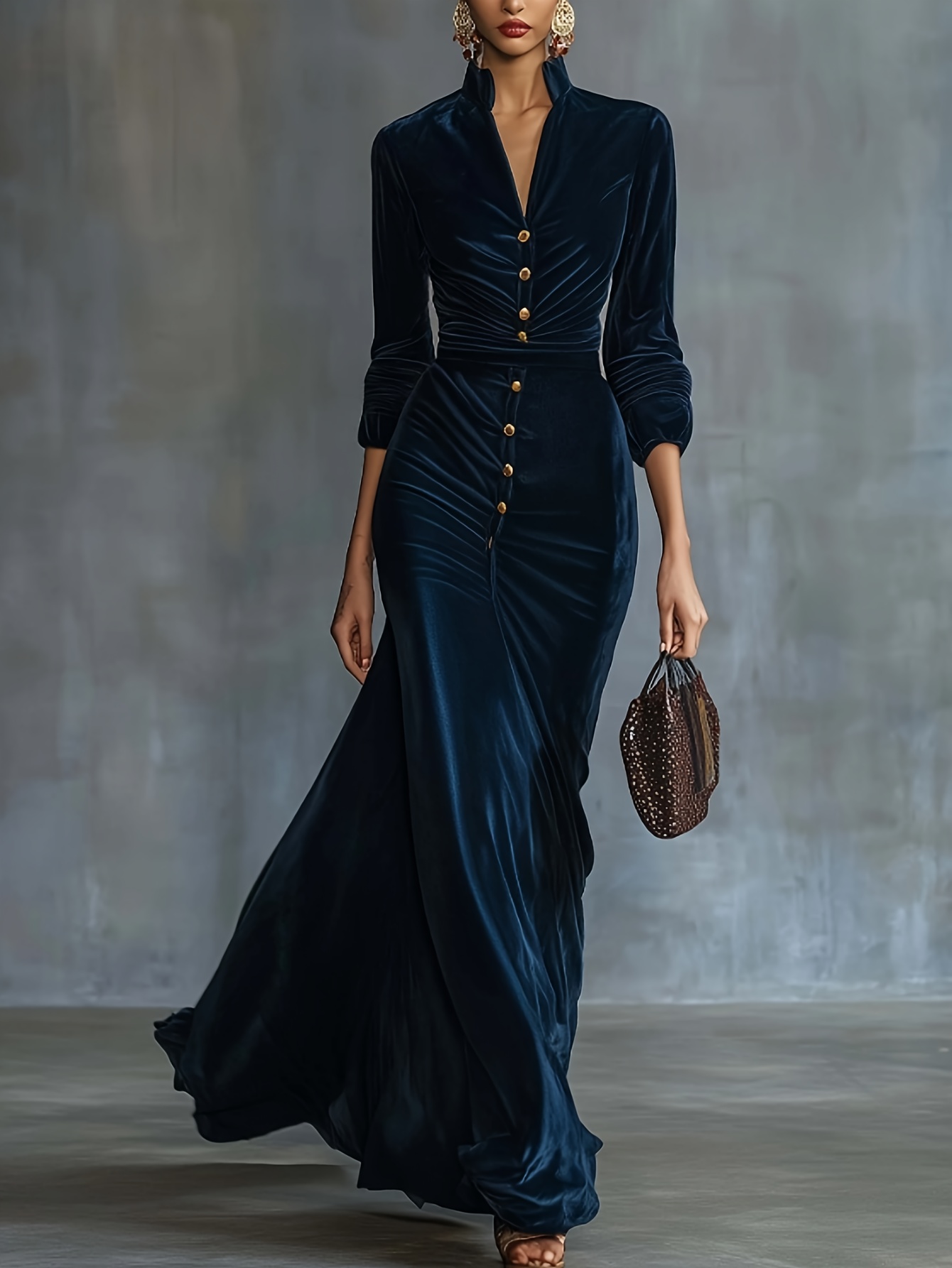 chinese dress ladies Long Sleeves Navy Blue Velvet Dress Navy Blue / US 10 main image 1