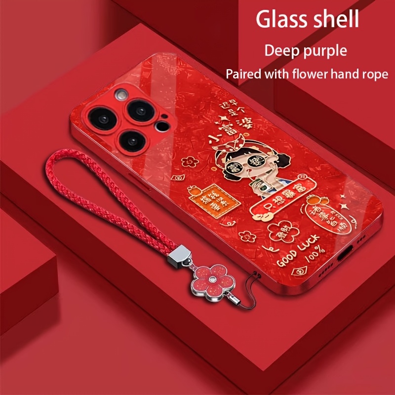 TEMU Phone Case - New Year Style, A Little , Just Want To Get Rich, With Floral Wristband, Tempered Glass Case For Iphone 7/8/x/xr/11/12/13/14/15/16
